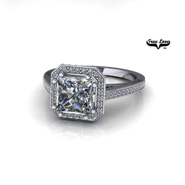 Hochzeit - 14 kt. White Gold Diamond Accented and Sidestones Princess 6.50 mm 1.75 Carat Halo Forever One  Moissanite Engagement Ring. #7085