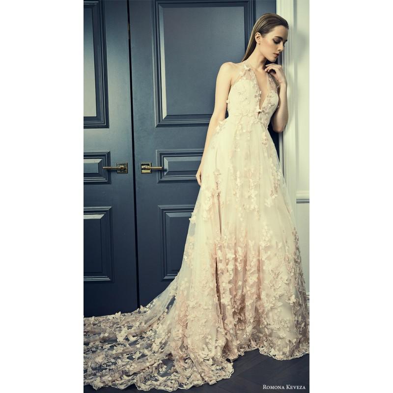 Mariage - Romona Keveza rk8405 Spring/Summer 2018 Aline Halter Sweet Court Train Pink Lace Hand-made Flowers Spring Garden Bridal Gown - Rosy Bridesmaid Dresses