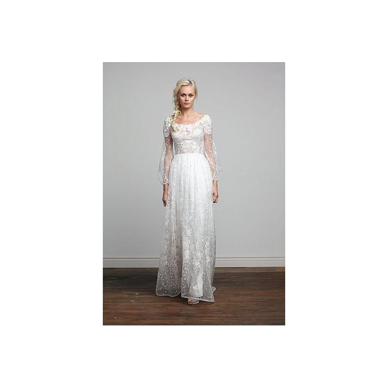 Hochzeit - Barbara Kavchok Spring/Summer 2018 Wynonna Sweep Train Tulle Embroidery Vintage Scoop Neck Column Bishop Sleeves Wedding Dress - Top Design Dress Online Shop