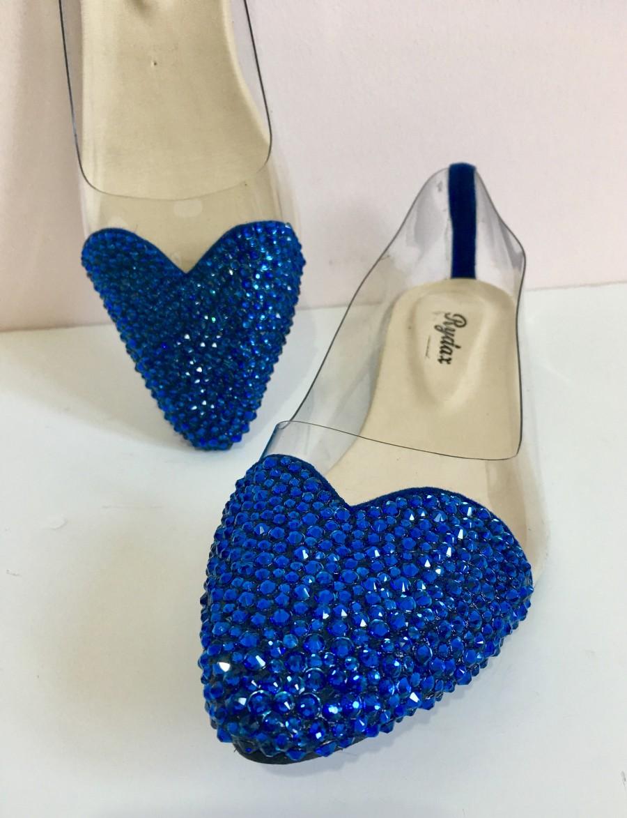 Hochzeit - Something Blue Flats/ Wedding Flats with Swarovski Crystals/ Heart Wedding Shoes/ Transparent Shoes/ Cinderella