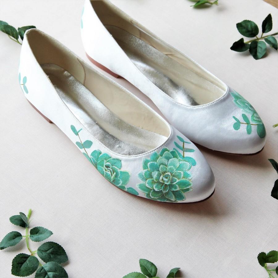 Mariage - Succulent and silverleaf eucalyptus handpainted custom flat wedding shoes