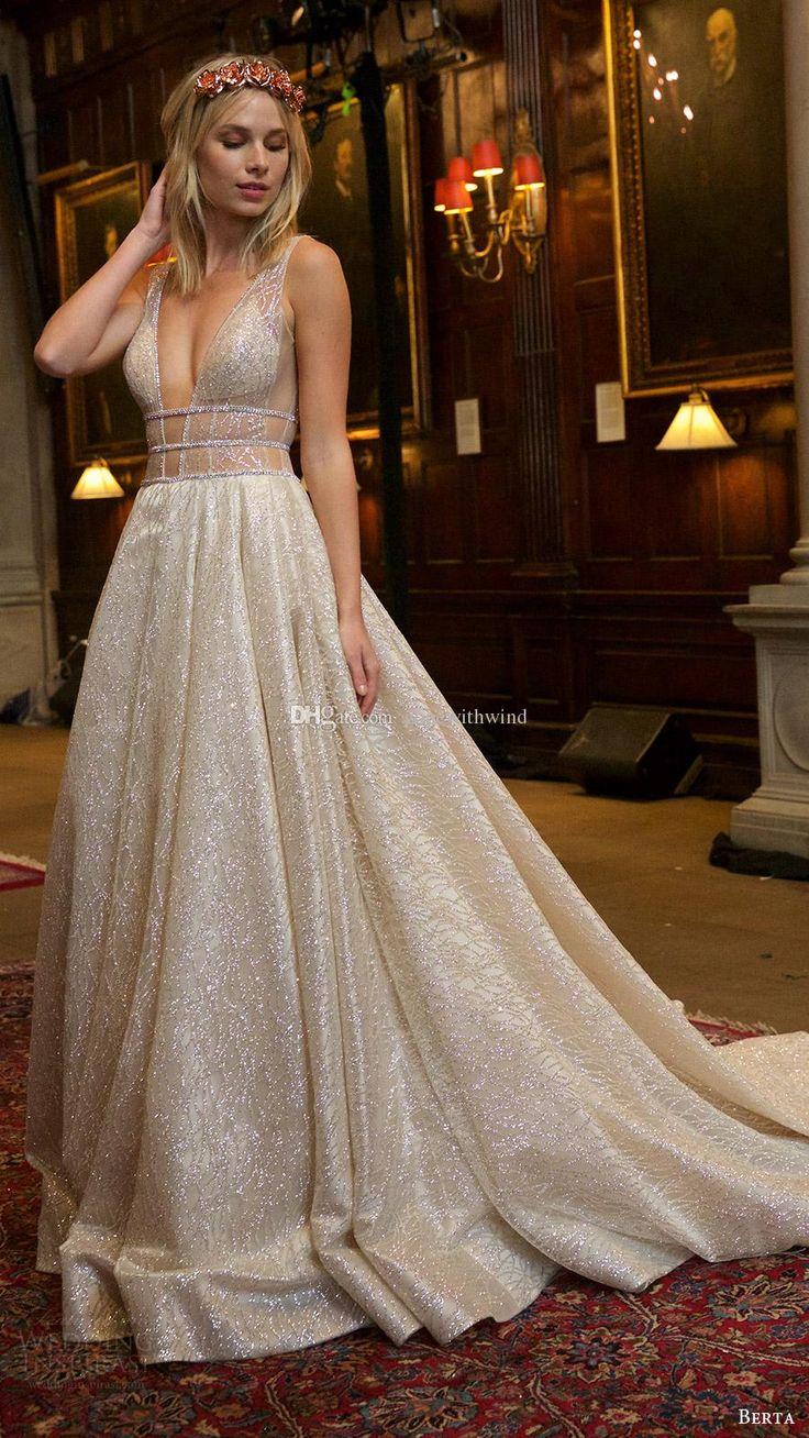 Hochzeit - 2016 Berta Bridal Wedding Dresses Deep V Neckline Sequin Lace Beaded Sleeveless Straps Ball Gown Backless Wedding Gowns