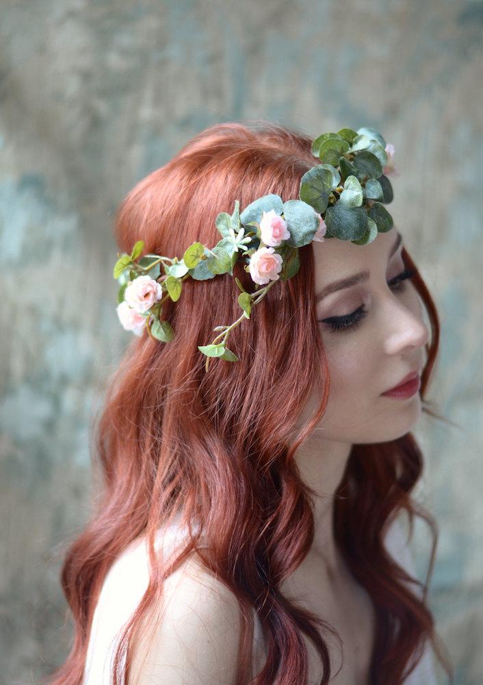 Wedding - Boho flower crown, eucalyptus crown, blush pink floral crown, wedding headpiece, circlet, bridal hair wreath, rose crown, hair accessories