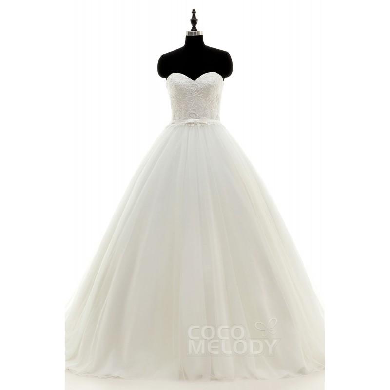 زفاف - Chic A-Line Sweetheart Train Tulle Ivory Zipper With Buttons Wedding Dress with Beading and Ribbons - Top Designer Wedding Online-Shop