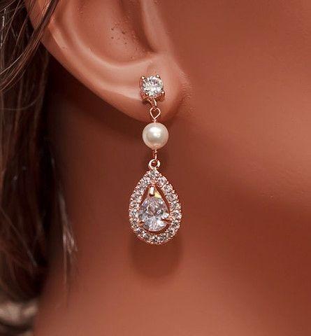زفاف - JESS - Rose Gold Swarovski Pearl And CZ Bridal Earrings