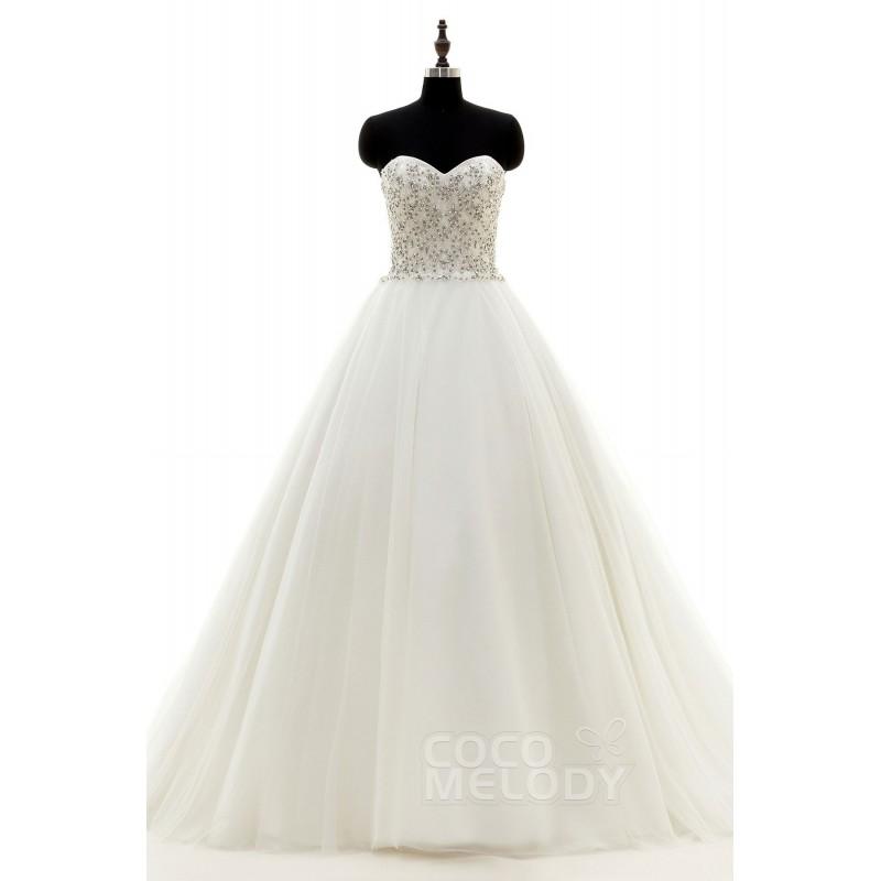 Mariage - Trendy A-Line Sweetheart Natural Court Train Tulle Ivory Sleeveless Zipper With Button Wedding Dress with Beading - Top Designer Wedding Online-Shop