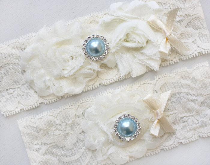 Hochzeit - CARISSA - Light Blue Pearl And Chiffon Roses Bridal Garter Set, Wedding Stretch Lace Garter, Pearl Rhinestone Bridal Garters, Something Blue