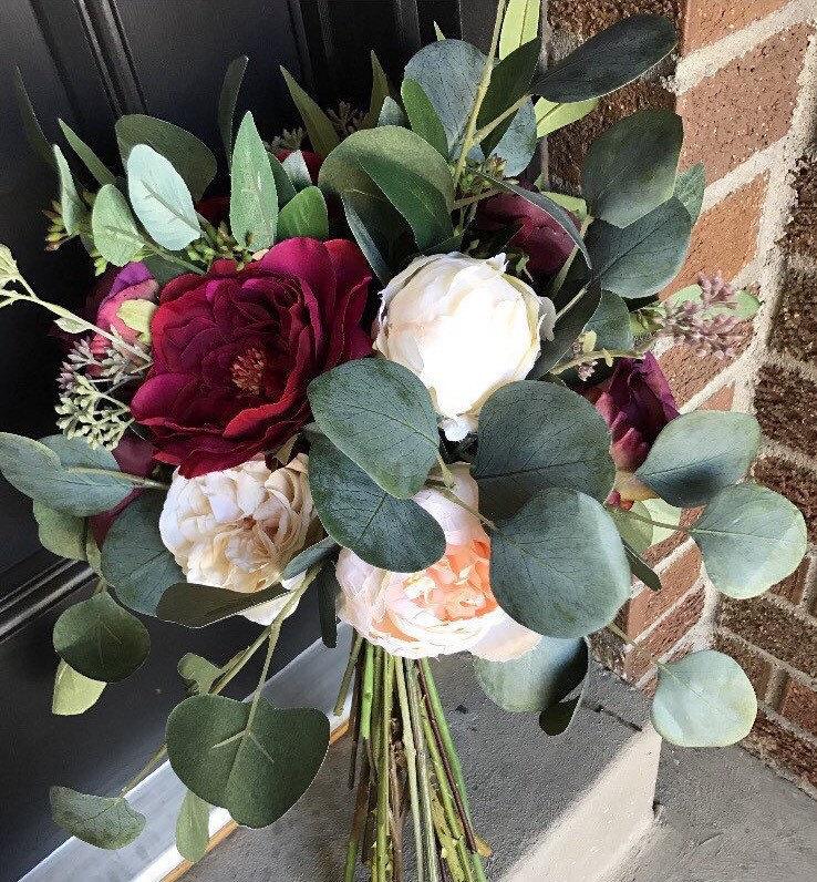 زفاف - Plum and Ruby Eucalyptus- Silk Flower Bridal Bouquet