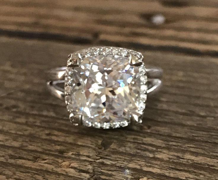 Hochzeit - A Perfect 5.6CT Cushion Cut Russian Lab Diamond Halo Split Shank Engagement Ring