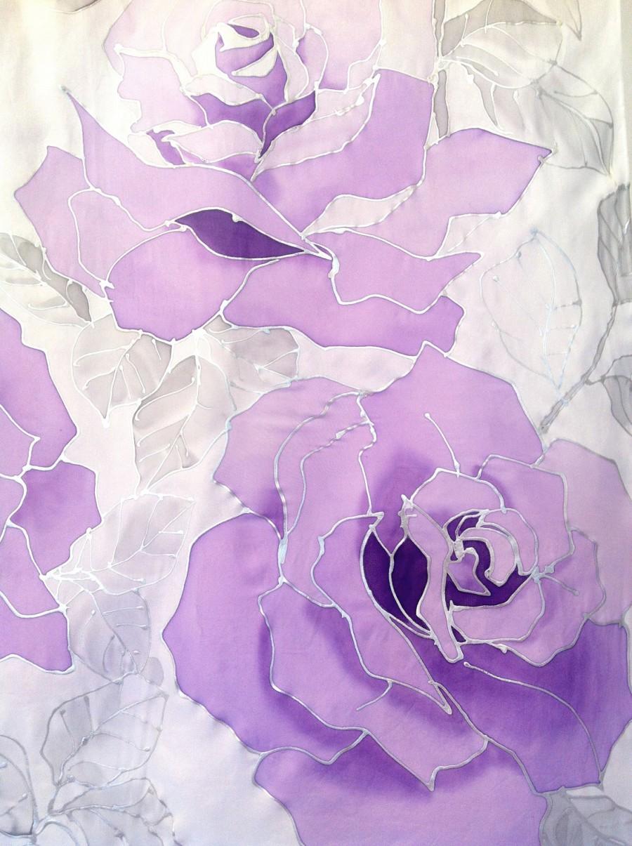 زفاف - Hand Painted Silk Shawl Wrap, Silk Scarf Japanese, Wedding Silk Shawl, White Shawl, Full Bloom Silver Roses in Lavender, Made to Order