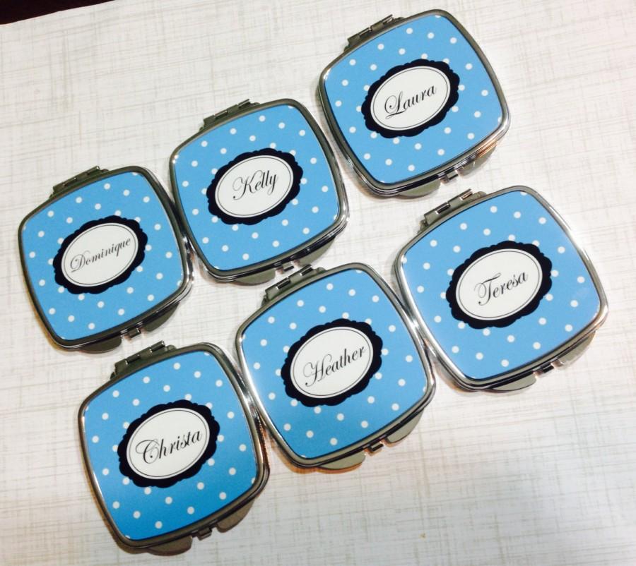 Mariage - 6 Personalized Compact Mirrors- bridal or baby shower favors, bridesmaids gifts, stylish compact mirror, damask and preppy patterns