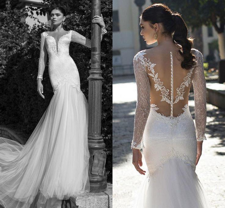 Mariage - 2015 Riki Dalal Mermaid Style Wedding Dresses With Long Sleeves V Neck Appliqued Tulle Lace Bridal Gowns With Illusion Back And Chapel Train