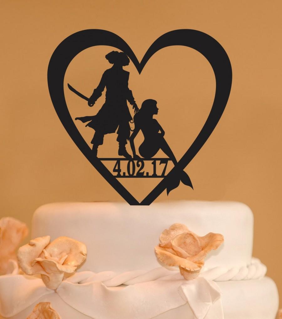 زفاف - Pirate wedding cake topper - Pirate and Mermaid Wedding Cake Topper - Date and mermaid cake topper - Mermaid cake topper - heart cake topper