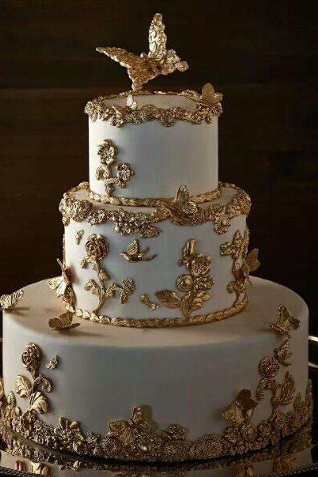 Wedding - White Cake With Golden Accents