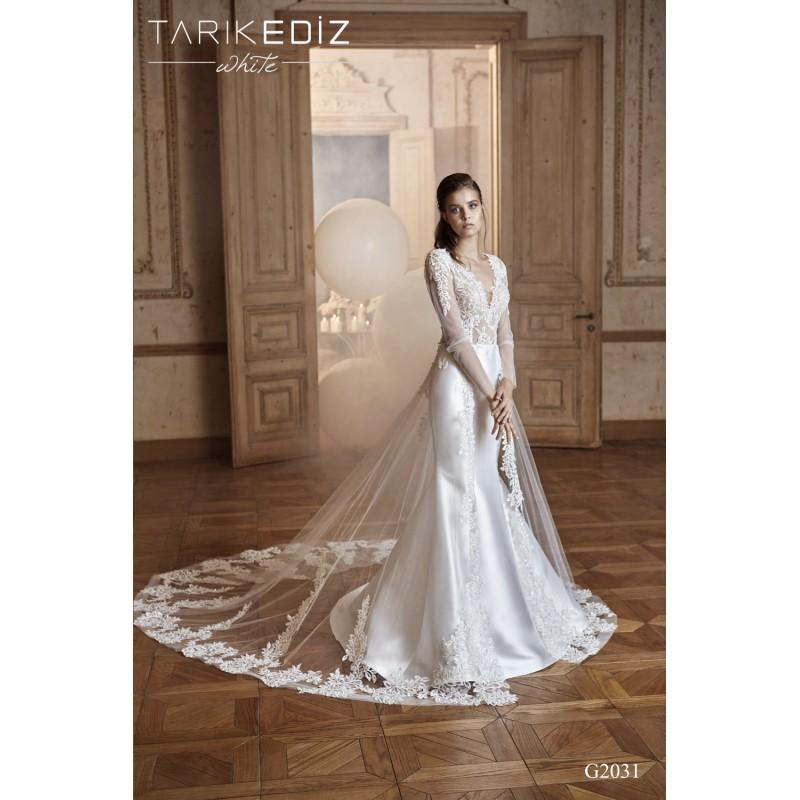 زفاف - Tarik Ediz 2017 G2031 Detachable Sweet Ivory V-Neck Mermaid Long Sleeves Appliques Satin Wedding Gown - Bridesmaid Dress Online Shop