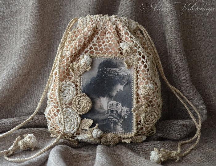 زفاف - Bag Gift Crochet Rose  Irish crochet  Lace  Purse  Boho  Retro  Widding  Handmade  Jewelry  flowers   Gift Present