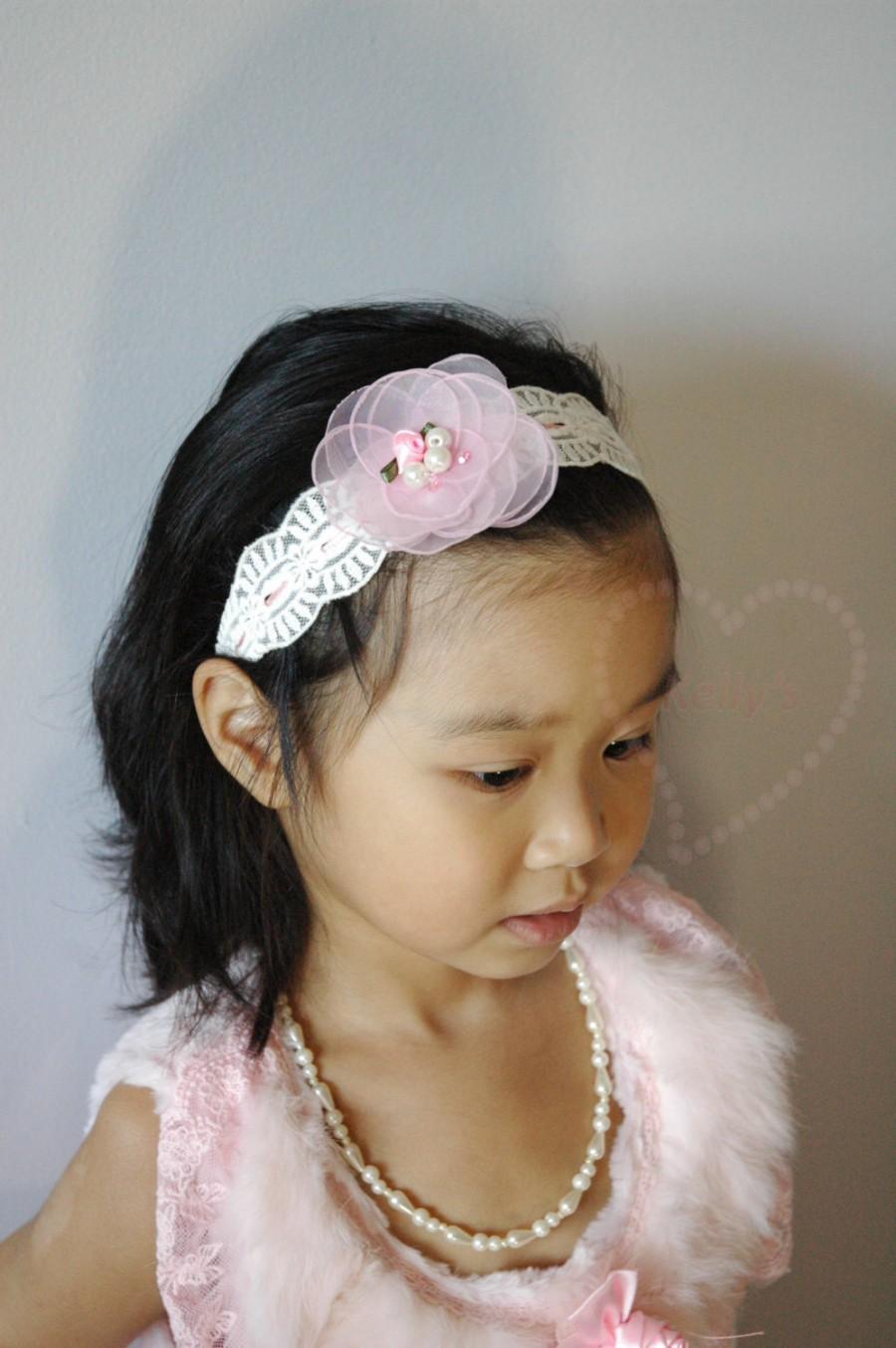 زفاف - Chiffon flower headband, matching mommy baby,vintage lace headband, spring flower girl,christening headband, shabby chic, floral headband