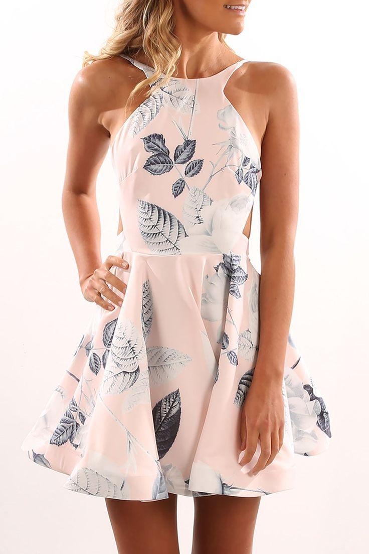 Mariage - Floral Halter Backless Mini Pleated Dress