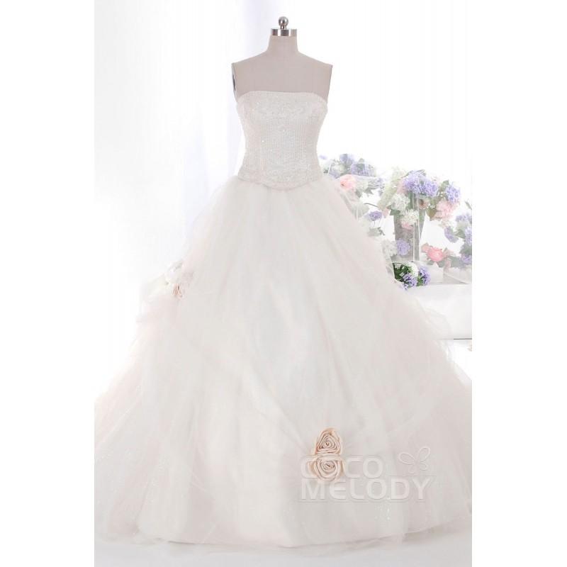 Hochzeit - Lovely A-Line Strapless  Train Tulle Ivory Sleeveless Zipper Wedding Dress with Beading and Flower LD2306 - Top Designer Wedding Online-Shop
