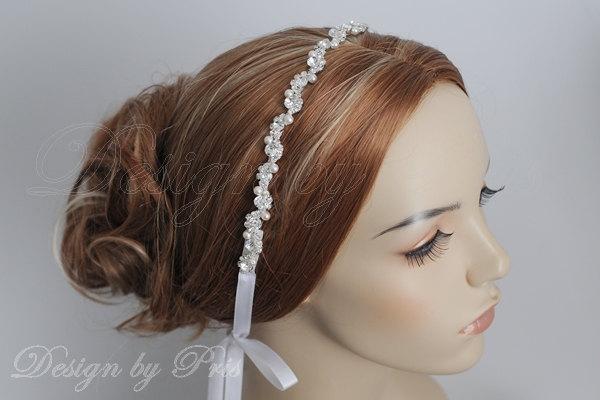 Mariage - HPH3 - Bridal Rhinestone with Swarovski Pearls Ribbon Headpiece - Bridal.Hairpiece.Accessories