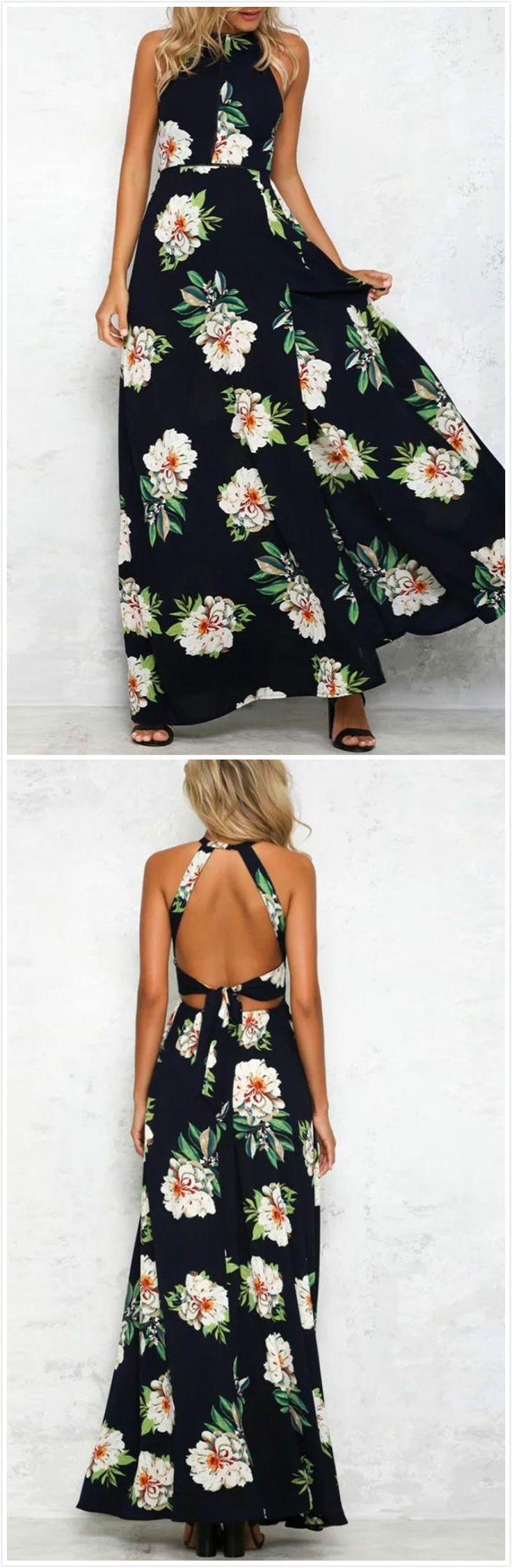 Wedding - Sleeveless Polyester Halter Neck Floral Print Maxi Day Going Out Dress