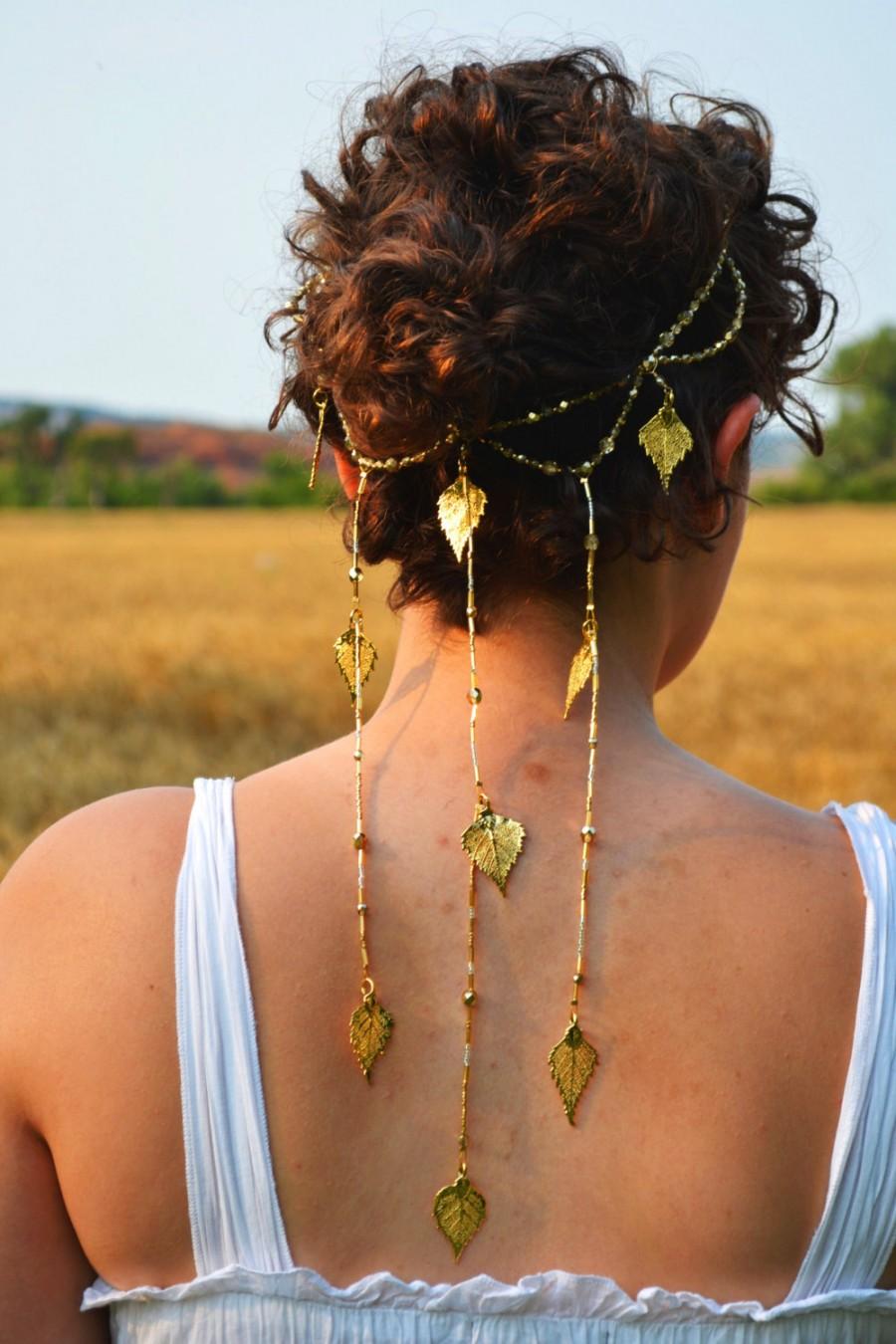 زفاف - Golden Leaves Bridal Headpiece- hair chain 24 karat gold plated real leaves and Czech glass crystals halo crown