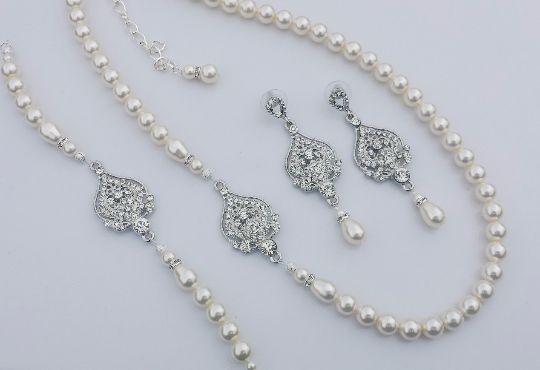 Mariage - VIOLA - Rhinestone And Swarovski Pearl Bridal Necklace, Bracelet And Earrings