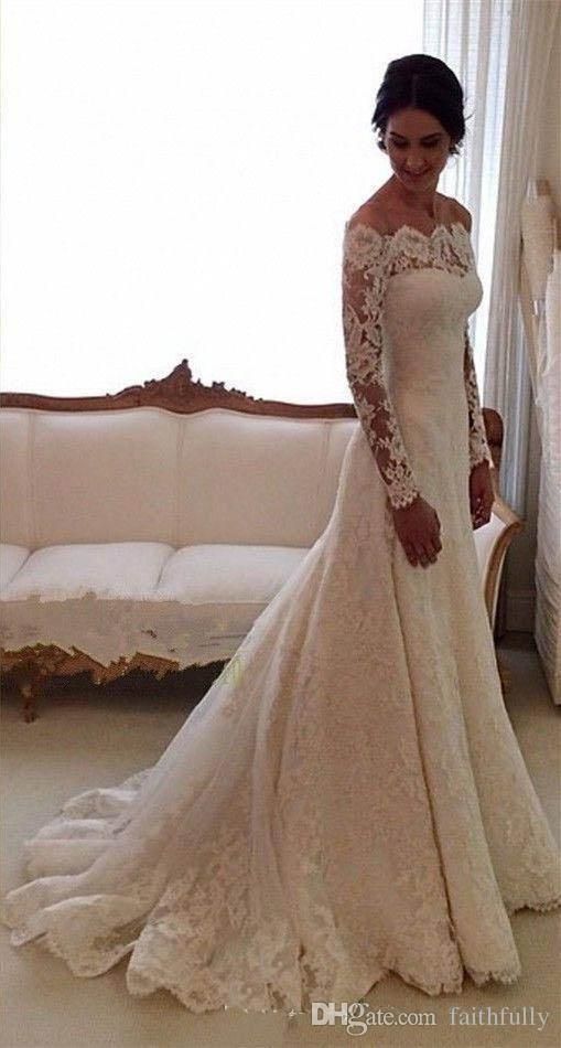 Hochzeit - 2016 Vestidos De Novia Lace Wedding Dresses Off Shoulder Applique A Line Long Sleeves Vintage Bridal Gowns With Buttons Back Bridal Dresses
