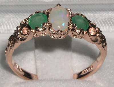زفاف - Solid 9K Rose Gold Natural Opal & Emerald Engagement Ring, English Victorian Style 3 Stone Trilogy Ring, Stackable Ring - Customizable