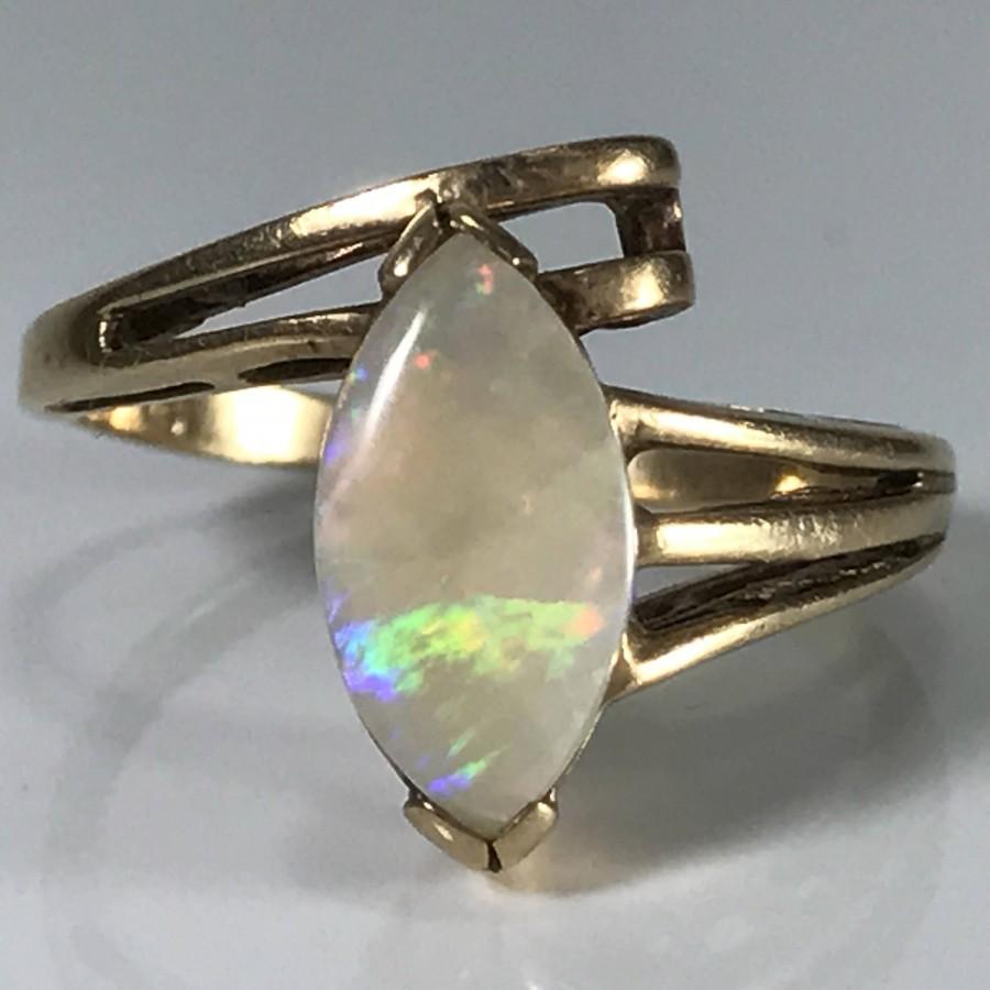 Wedding - Vintage Opal Engagement Ring. Marquise White Opal. 10K Yellow Gold. Unique Engagement Ring. October Birthstone. 14th Anniversary Gift.