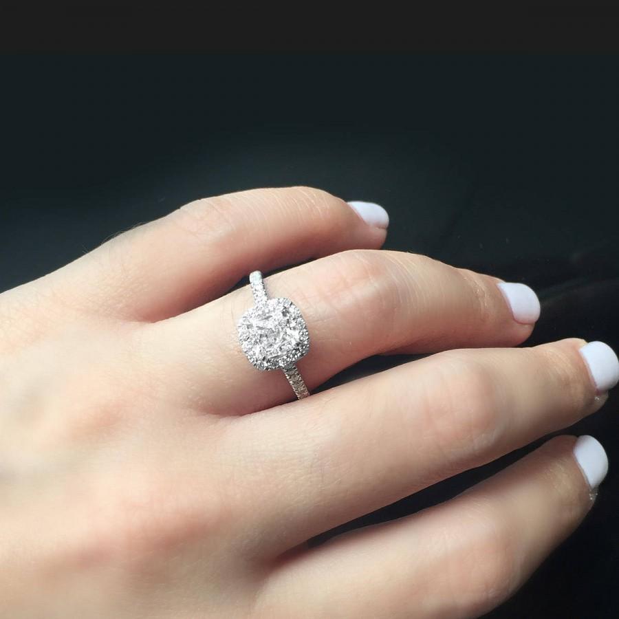 زفاف - Radiant Cut 1 Carat Diamond Halo 18K White Gold Engagement Ring/ Half Eternity Natural Diamond Ring/ Handcrafted Custom Jewelry Gift for Her