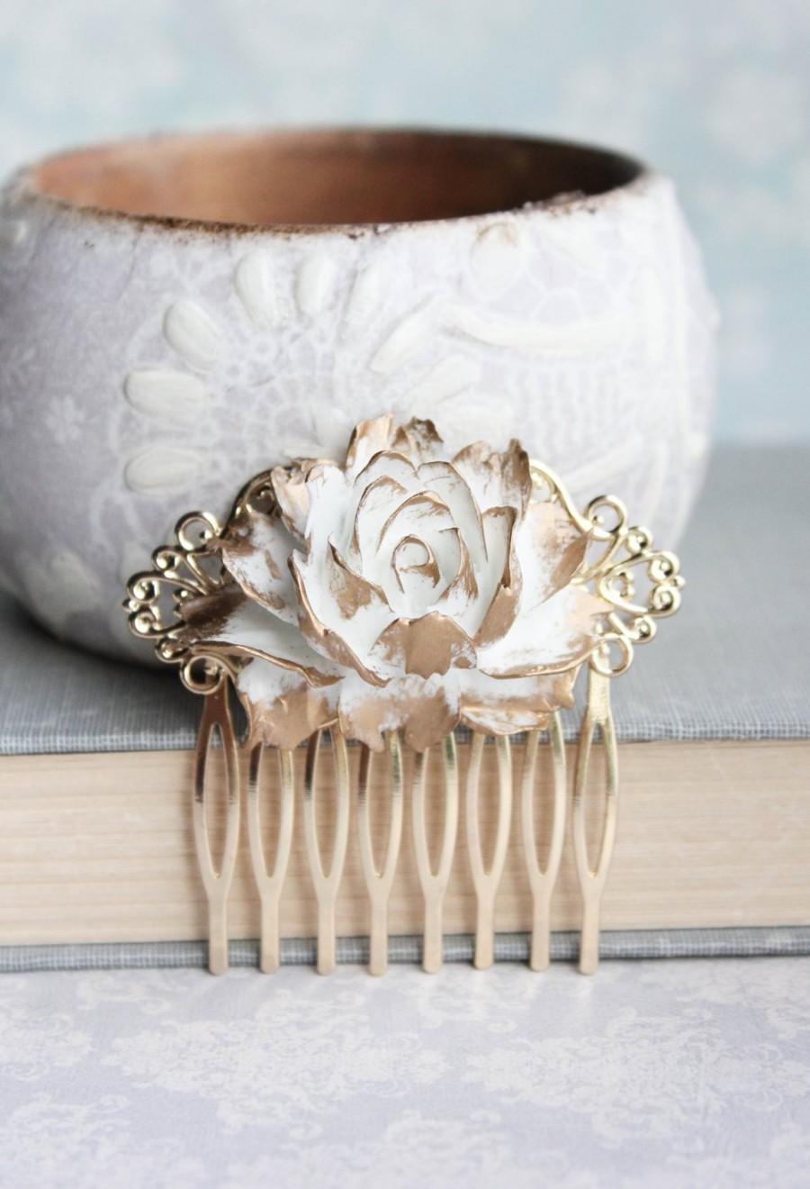 زفاف - White and Gold Rose Comb Big Flower Hair Comb Wedding Hair Accessories Modern Romantic Glam Bridal Hair Piece Cabbage Rose Gold Filigree