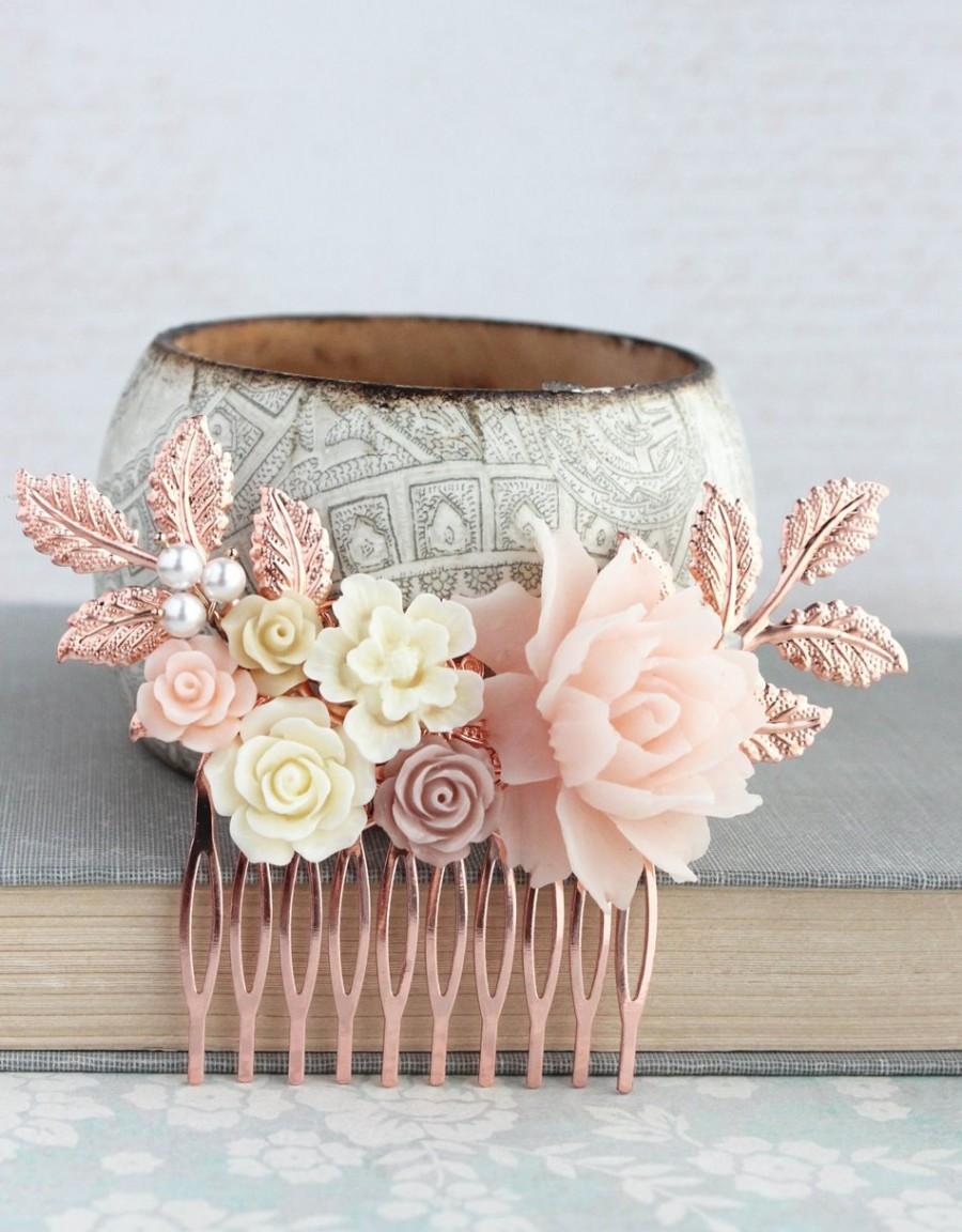 Hochzeit - Bridal Hair Comb Blush Pink Gold Wedding Rose Gold Branches Gold Ivory Cream Nudes Natural Tones Floral Hair Piece Rose Gold Leaf