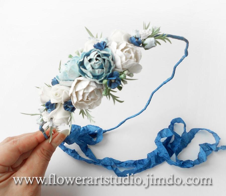 Mariage - White and Blue Bridal Hair Wreath Blue Wedding Crown Festival Hair Crown Blue Bridal Flower Crown Bohemian style crown