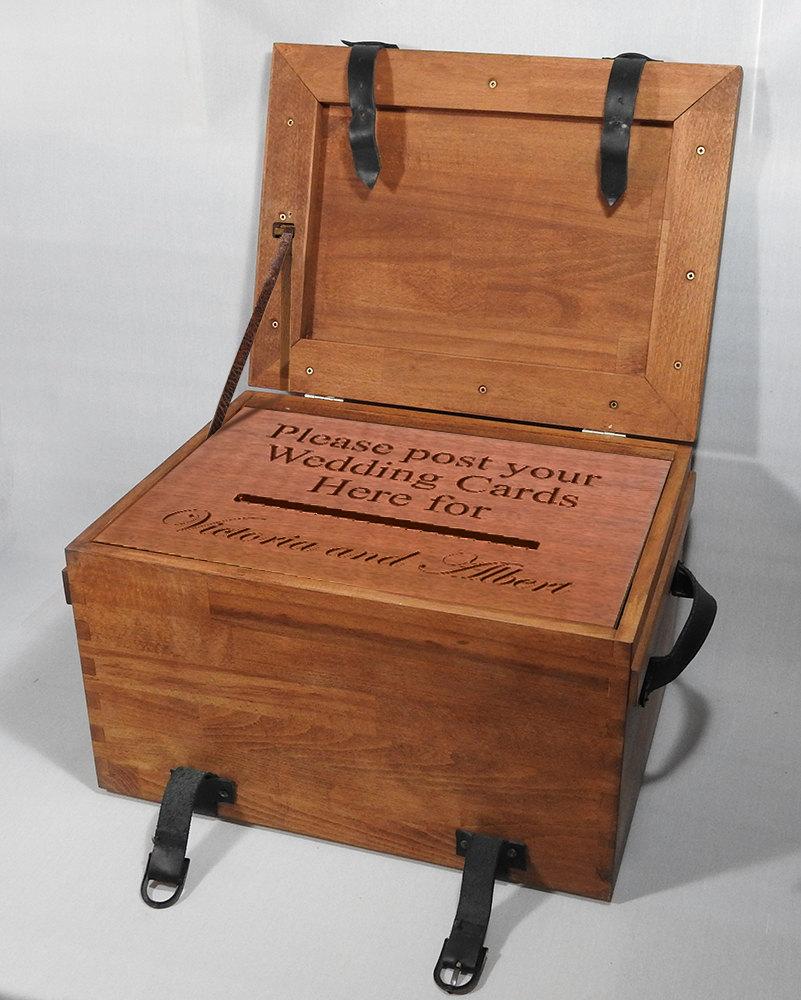 زفاف - Big Solid hardwood personalised wedding Post Box with lid for cards and gifts, rustic post box for weddings, wooden chest, big keepsake box