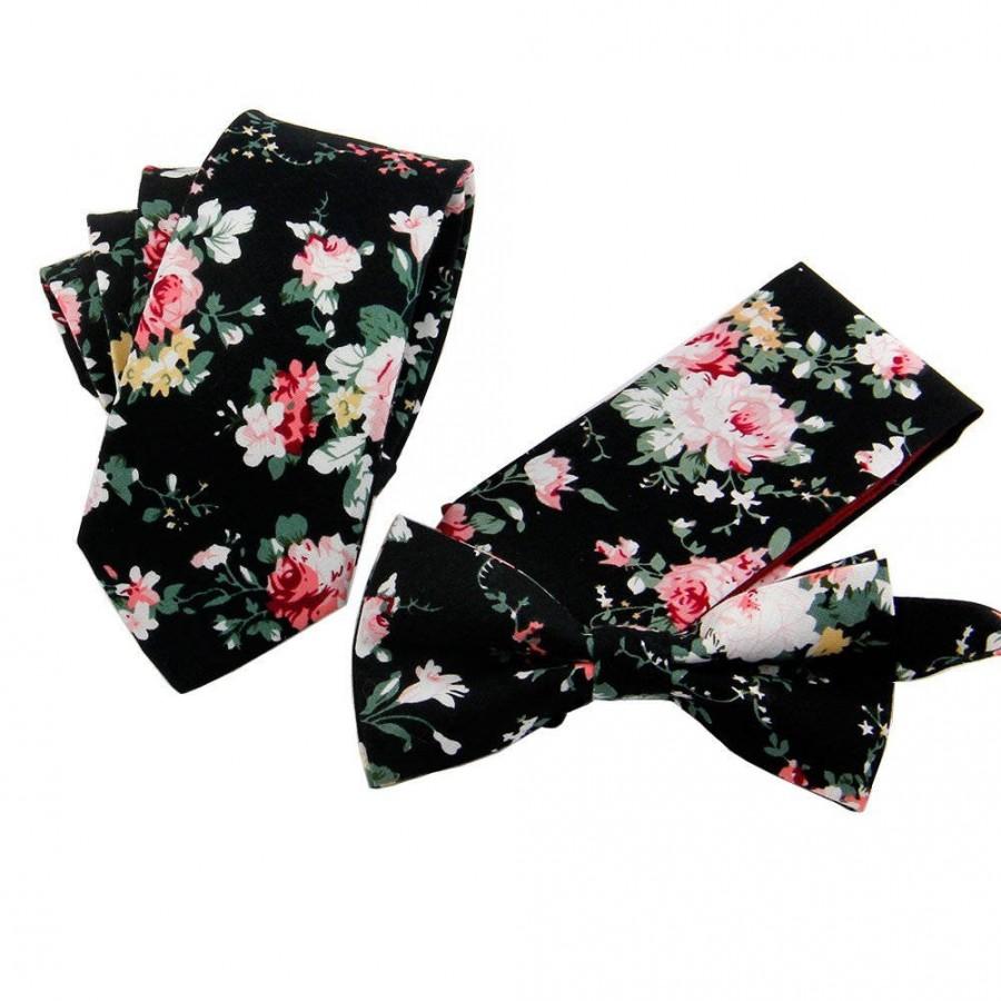 Hochzeit - Black Floral Tie or Bow Tie or Pocket Square Wedding Tie Handkerchief 3.5 Inch 2.5 Inch Necktie Groomsmen Bowtie Groomsman Black Pink White