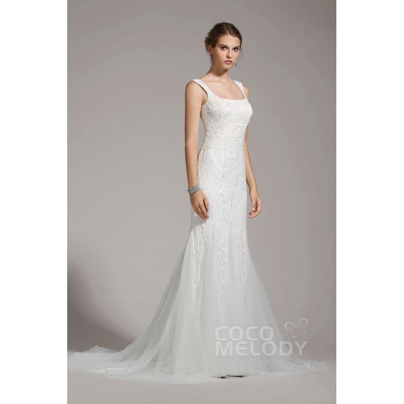 Wedding - Luxurious Trumpet-Mermaid Square Tulle Ivory Sleeveless Wedding Dress with Beading and Sequin - Top Designer Wedding Online-Shop