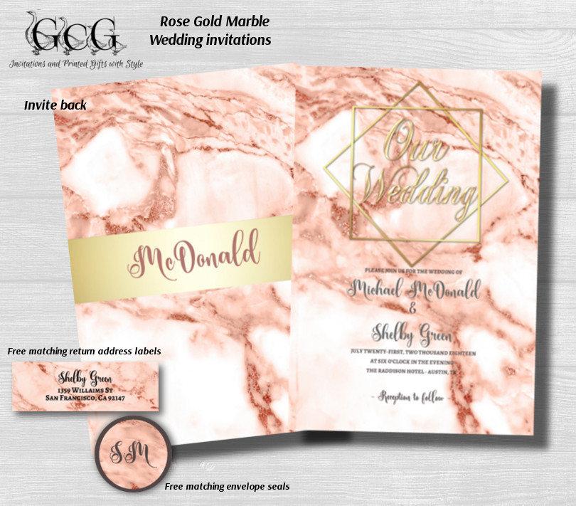 Mariage - Rose Gold Marble Wedding Invitations, Marble Invitation, Rose gold Invitations, Modern wedding, 200 printed with envelopes, elegant - $226.91 USD