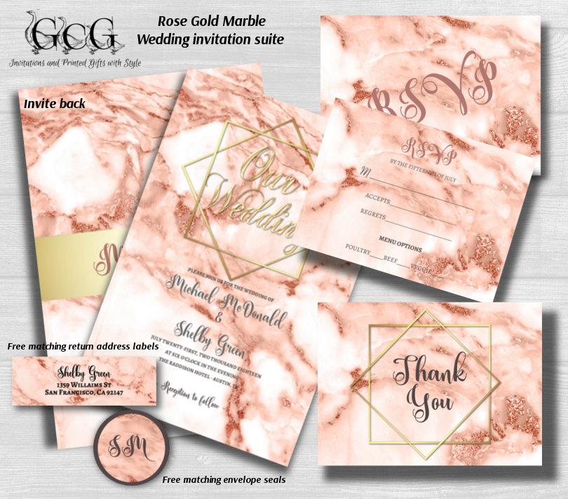 Wedding - Marble Wedding Kit. Rose Gold Marble Invitation suite, Goede Invitation, Modern wedding, Marble invitation set 100 sets with envelopes - $181.00 USD