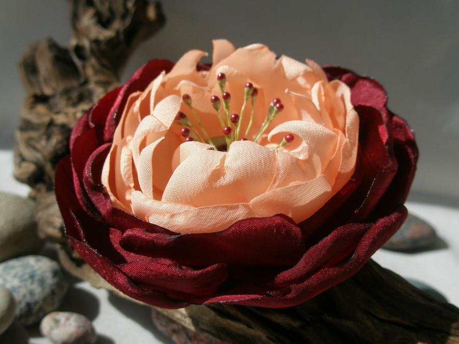 Hochzeit - Burgundy And Light Peach Flower Pin Or Hair Clip