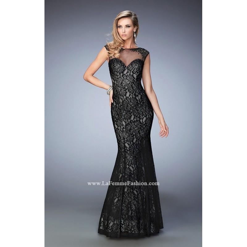 Hochzeit - Black/Blush La Femme 22323 - Cap Sleeves Lace Open Back Dress - Customize Your Prom Dress
