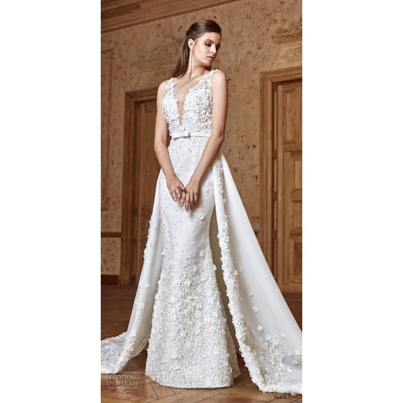 Hochzeit - Tarik Ediz 2017 G2054 Hall Detachable Elegant Zipper Up Chiffon Hand-made Flowers Ivory Sleeveless Sheath V-Neck Bridal Gown - Brand Prom Dresses