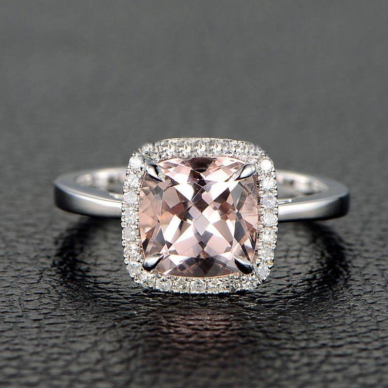 زفاف - Limited Time Sale: 1.25 Carat Cushion Cut Peach Pink Morganite and Diamond Halo Engagement Ring in 10k White Gold for Women on Sale