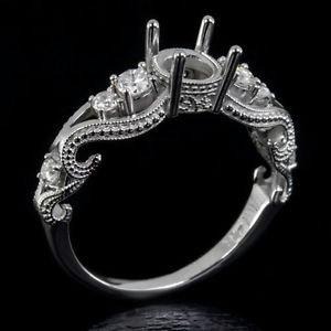 Wedding - Round Engagement Ring Setting Diamond Semi-Mount Vintage Style Milgrain Swirl Fits Round 5.5mm-7.7mm 14K White Gold 3777