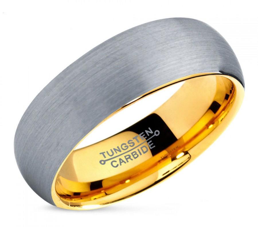 Hochzeit - Tungsten Ring Yellow Gold Wedding Band Ring Tungsten Carbide 7mm 18K Tungsten Ring Man Wedding Band Male Women Anniversary Matching