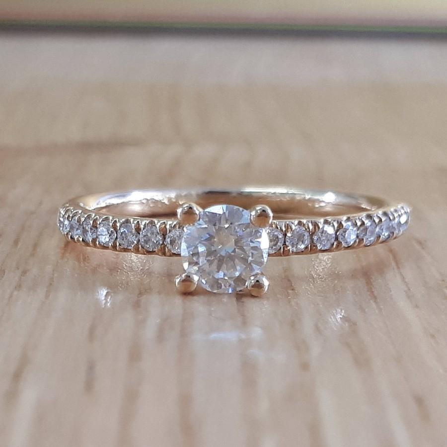 زفاف - 18K Gold and Diamond Engagement Ring, Solitaire Ring, Diamond Ring, Diamond Engagement, 0.47 ctw, Pave Diamond, custom made, bridal jewelry