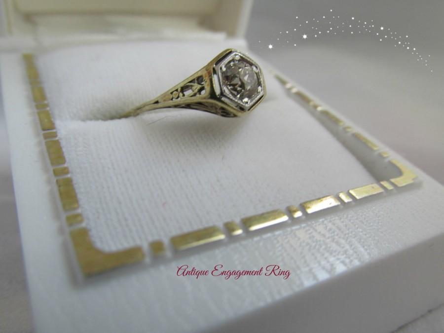 Wedding - 14K Gold Art Deco Diamond Ring Engagement Wedding Bridal Filigree Design Antique