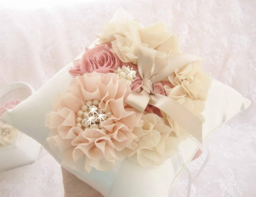 Свадьба - Vintage Ring Bearer Pillow, Hand Dyed  Blush, Dusty Rose and Cream Wedding Pillow Custom colors too
