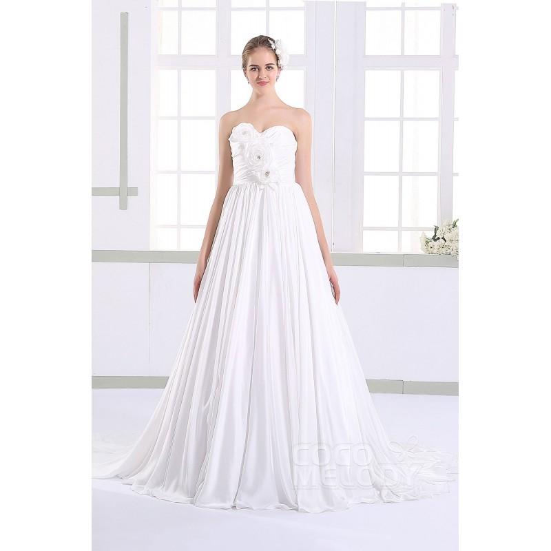 Hochzeit - Romantic A-Line Sweetheart Natural Court Train Chiffon Ivory Sleeveless Lace Up-Corset Wedding Dress with Flower and Pleating - Top Designer Wedding Online-Shop