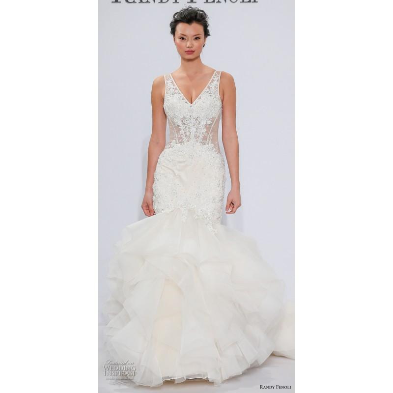 Wedding - Randy Fenoli Spring/Summer 2018 Elegant Ivory Chapel Train Sleeveless Mermaid V-Neck Ruffle Lace Wedding Gown - Bonny Evening Dresses Online 